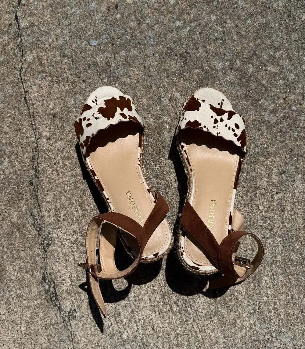 Versona Cow Print Scalloped Edge Ankle Strap Espadrille Wedges 8.5